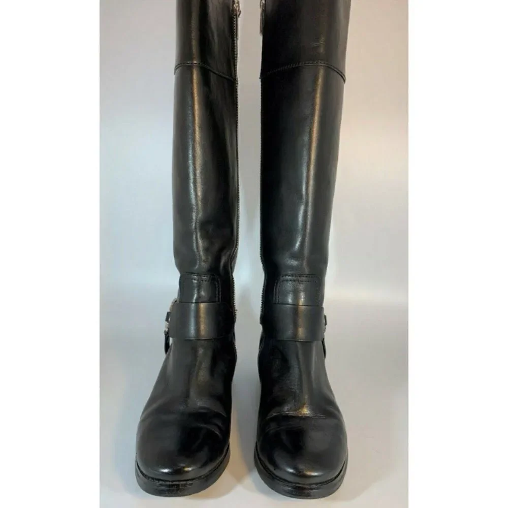 Michael Kors Women Black Leather Riding Harness Boots Knee High Size 6M
